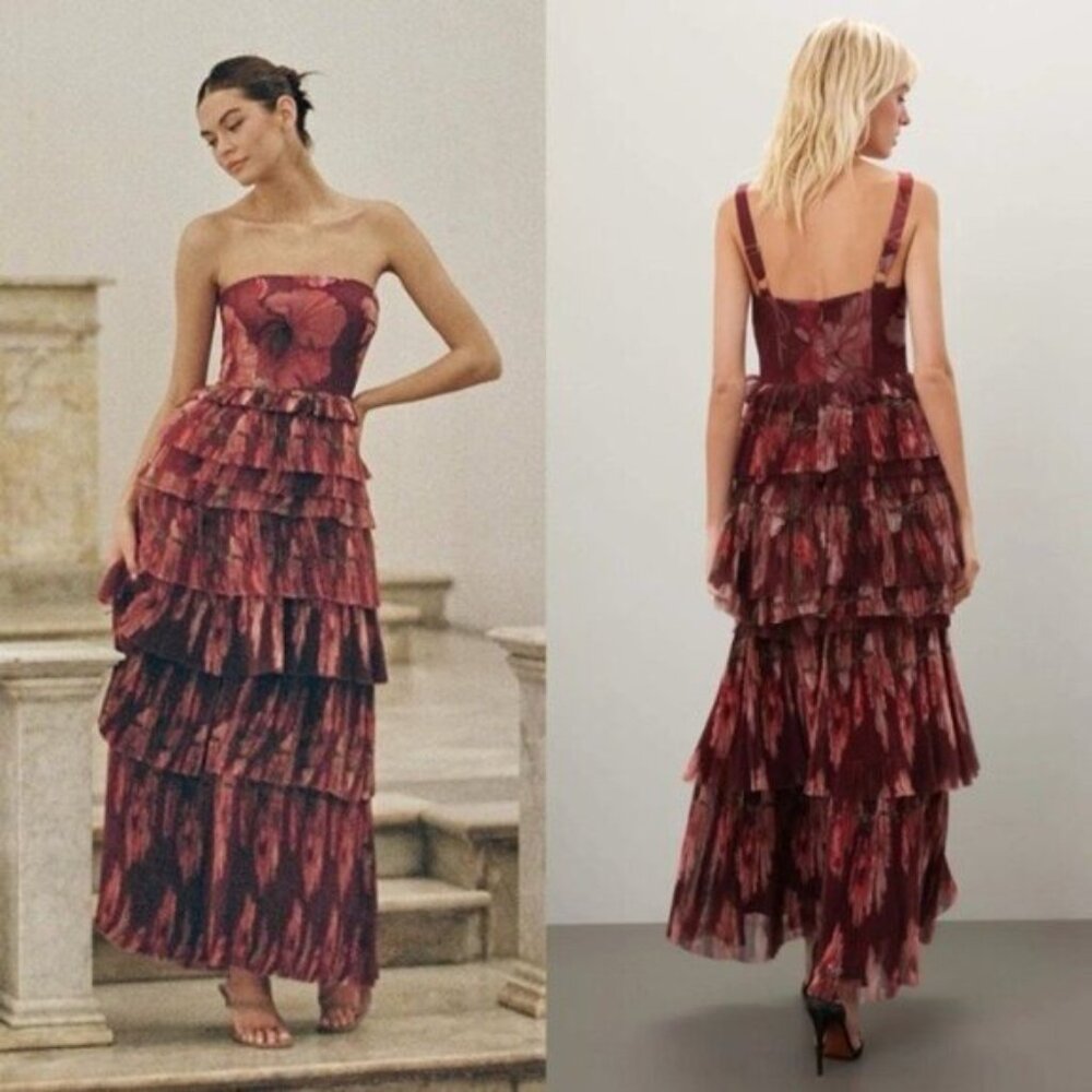Anthropologie Hutch Nalina Tiered Tulle Floral Print Burgundy Maxi Dress Size 10 - Picture 2 of 10